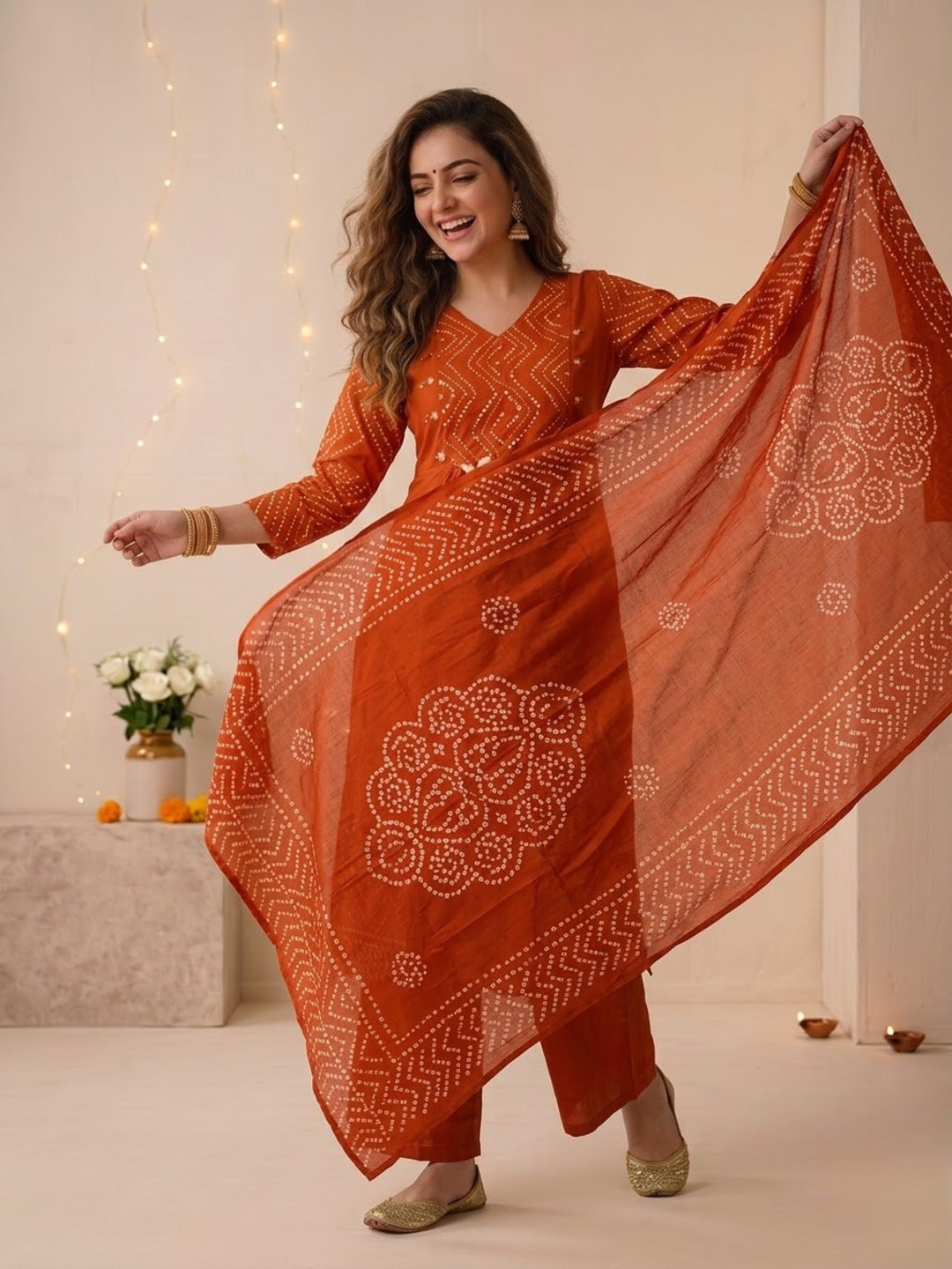 Rust Bandhani Print Cotton A-Line Kurta Set with Embroidery, Palazzo & Printed Dupatta