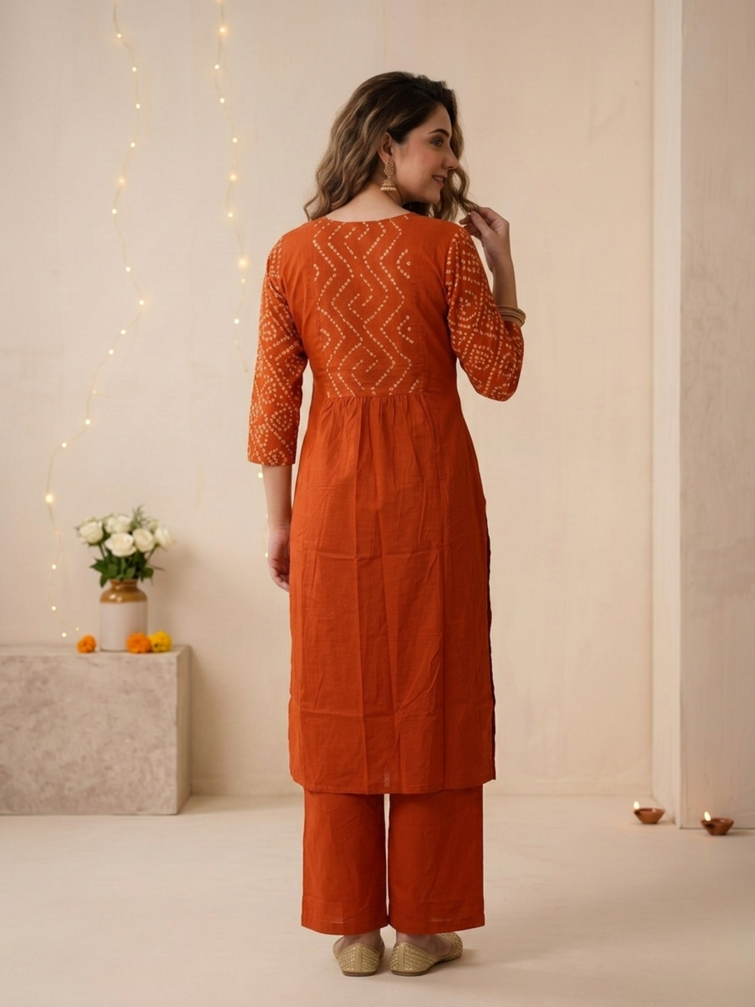 Rust Bandhani Print Cotton A-Line Kurta Set with Embroidery, Palazzo & Printed Dupatta