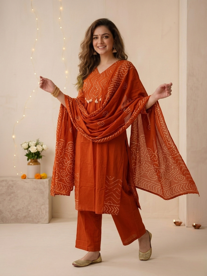 Rust Bandhani Print Cotton A-Line Kurta Set with Embroidery, Palazzo & Printed Dupatta