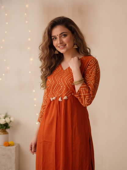 Rust Bandhani Print Cotton A-Line Kurta Set with Embroidery, Palazzo & Printed Dupatta