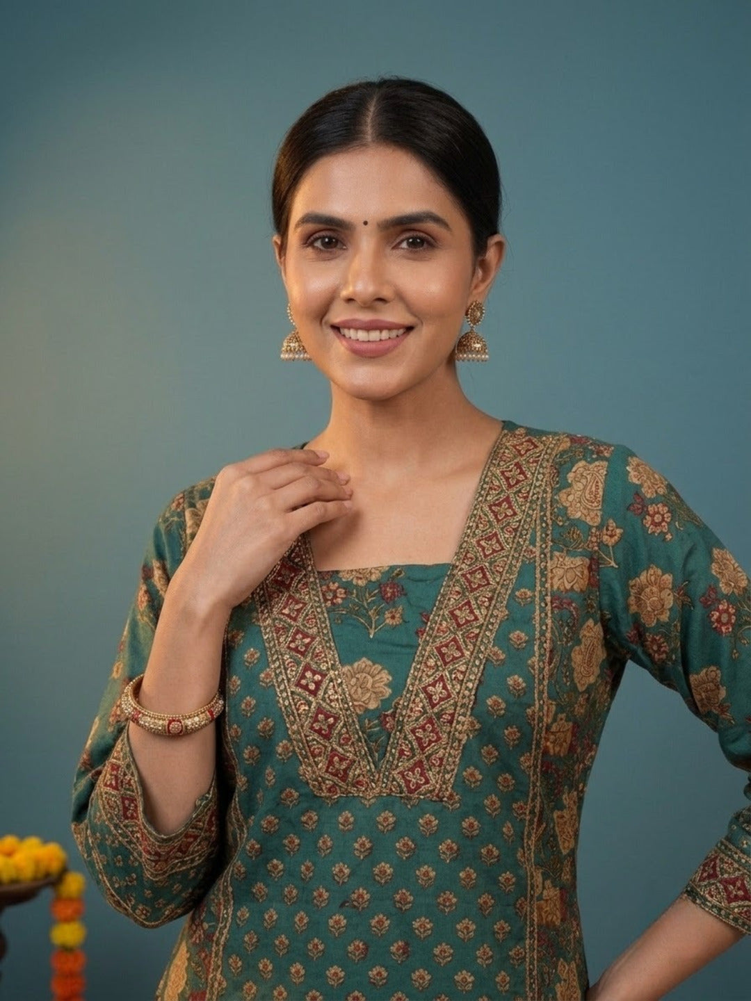 Green Ethnic Floral Print Cotton Short A-Line Kurta Set with Threadwork Embroidery, Sharara & Printed Dupatta