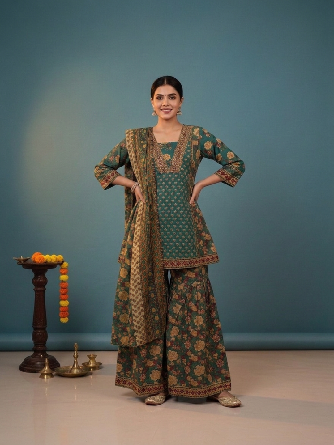 Green Ethnic Floral Print Cotton Short A-Line Kurta Set with Threadwork Embroidery, Sharara & Printed Dupatta