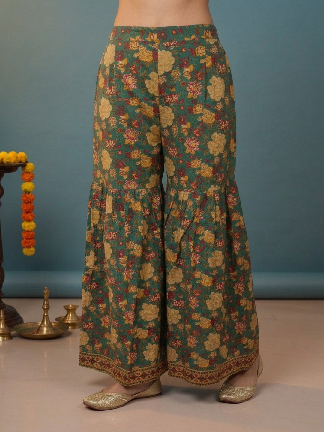 Green Ethnic Floral Print Cotton Short A-Line Kurta Set with Threadwork Embroidery, Sharara & Printed Dupatta
