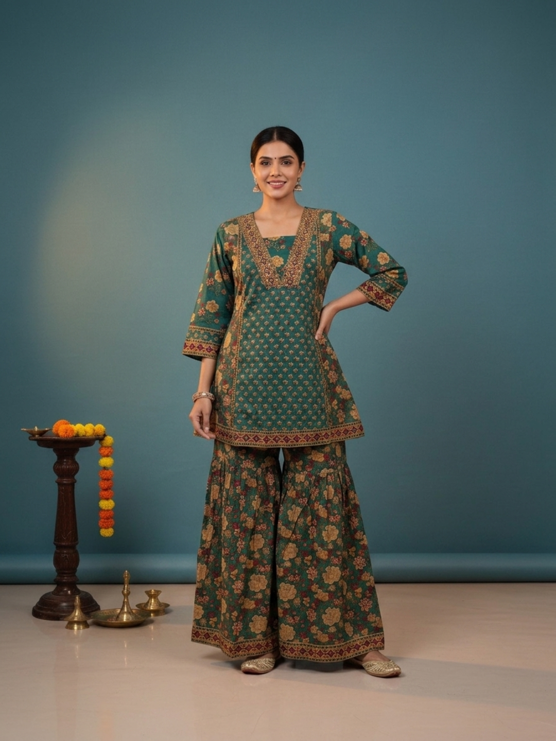 Green Ethnic Floral Print Cotton Short A-Line Kurta Set with Threadwork Embroidery, Sharara & Printed Dupatta
