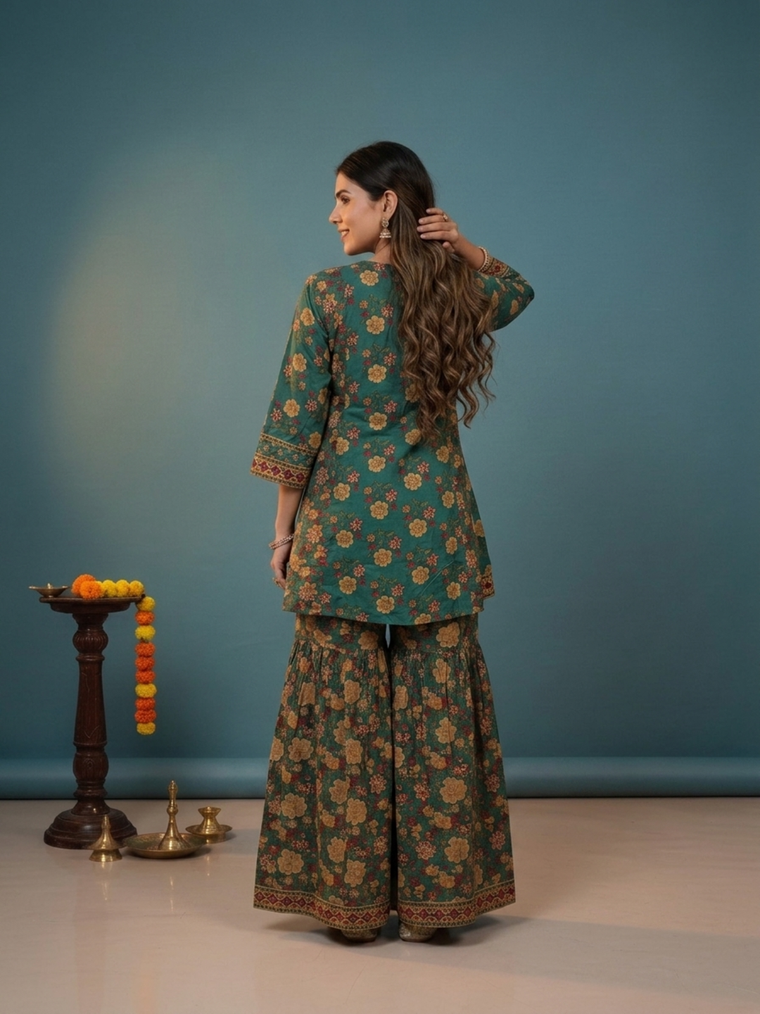 Green Ethnic Floral Print Cotton Short A-Line Kurta Set with Threadwork Embroidery, Sharara & Printed Dupatta