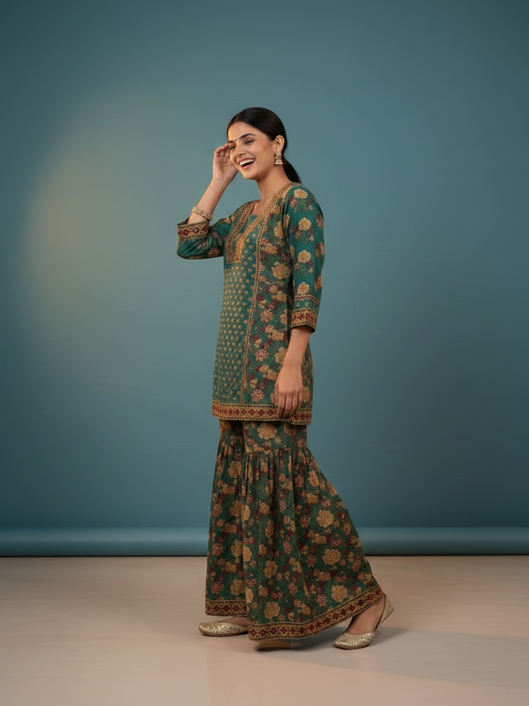 Green Ethnic Floral Print Cotton Short A-Line Kurta Set with Threadwork Embroidery, Sharara & Printed Dupatta