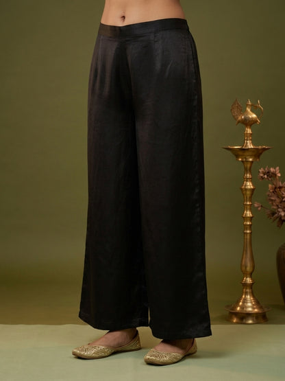 Black & White Geometric Floral Print Crepe Straight Kurta Set with V-Neck, Flared Sleeves, Palazzo & Printed Dupatta