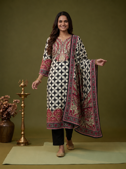 Black & White Geometric Floral Print Crepe Straight Kurta Set with V-Neck, Flared Sleeves, Palazzo & Printed Dupatta