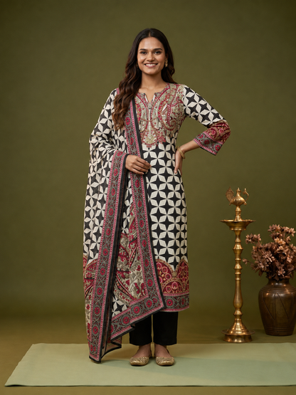 Black & White Geometric Floral Print Crepe Straight Kurta Set with V-Neck, Flared Sleeves, Palazzo & Printed Dupatta