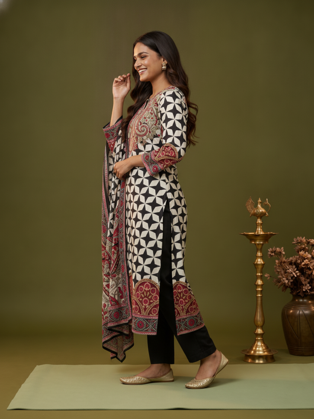 Black & White Geometric Floral Print Crepe Straight Kurta Set with V-Neck, Flared Sleeves, Palazzo & Printed Dupatta
