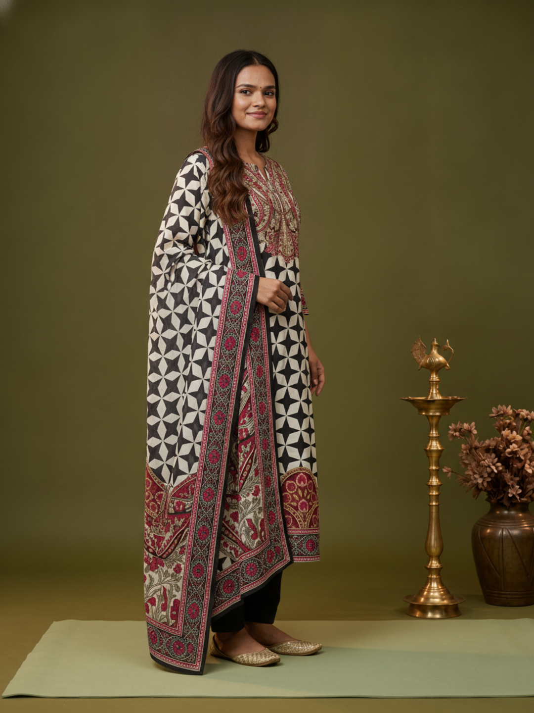 Black & White Geometric Floral Print Crepe Straight Kurta Set with V-Neck, Flared Sleeves, Palazzo & Printed Dupatta