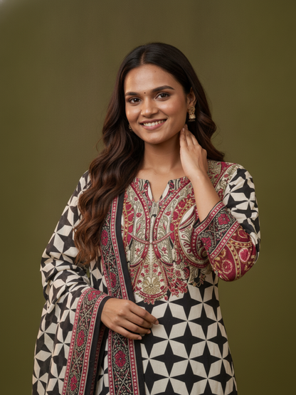 Black & White Geometric Floral Print Crepe Straight Kurta Set with V-Neck, Flared Sleeves, Palazzo & Printed Dupatta