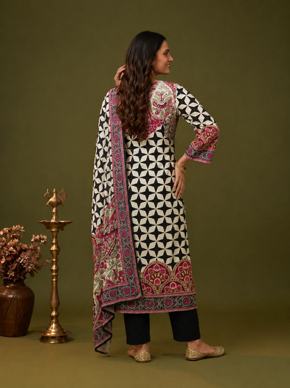 Black & White Geometric Floral Print Crepe Straight Kurta Set with V-Neck, Flared Sleeves, Palazzo & Printed Dupatta