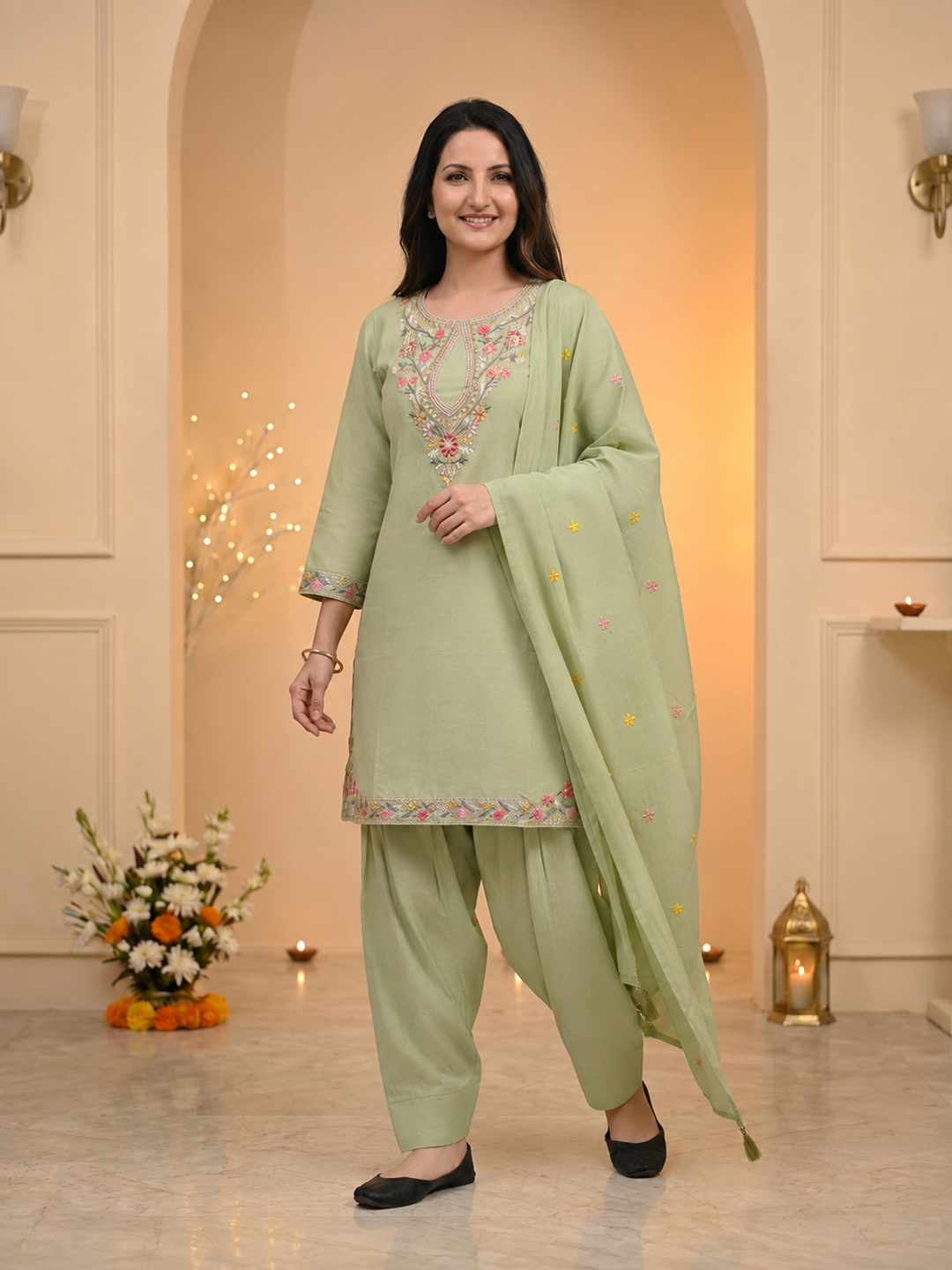 Sage Green Solid Chanderi Silk Straight Kurta Set with Floral Threadwork Embroidery, Salwar & Dupatta
