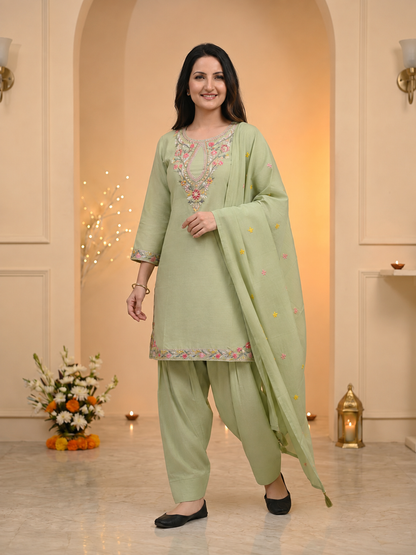 Sage Green Solid Chanderi Silk Straight Kurta Set with Floral Threadwork Embroidery, Salwar & Dupatta