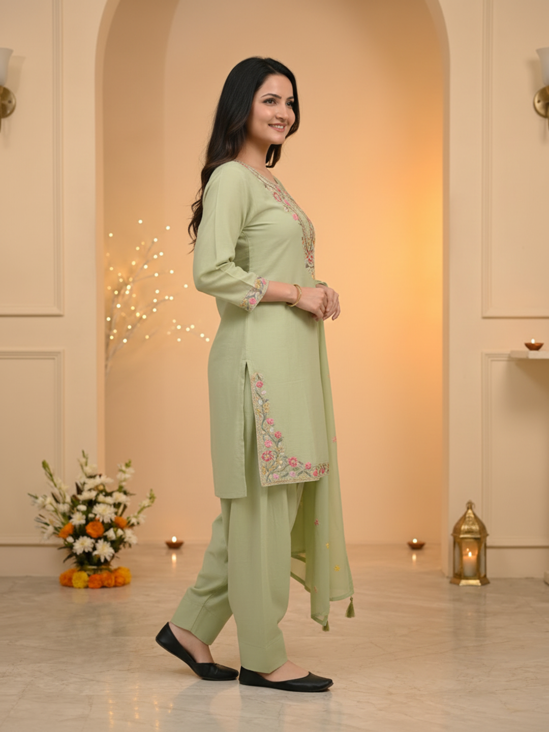 Sage Green Solid Chanderi Silk Straight Kurta Set with Floral Threadwork Embroidery, Salwar & Dupatta