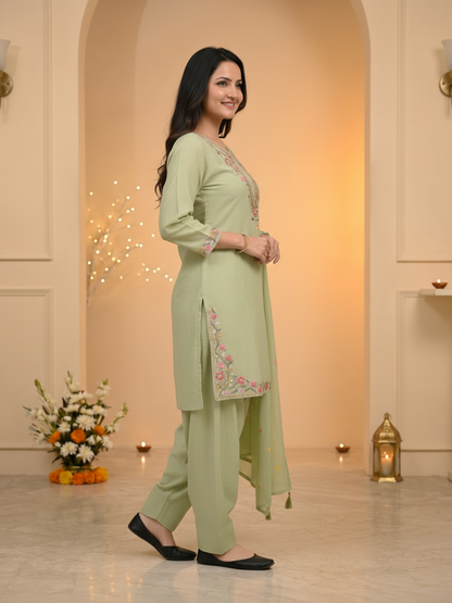 Sage Green Solid Chanderi Silk Straight Kurta Set with Floral Threadwork Embroidery, Salwar & Dupatta