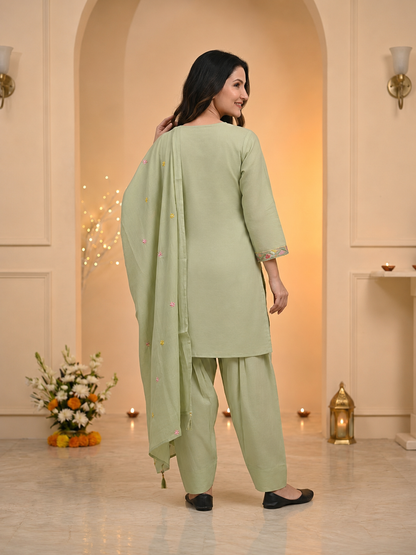 Sage Green Solid Chanderi Silk Straight Kurta Set with Floral Threadwork Embroidery, Salwar & Dupatta
