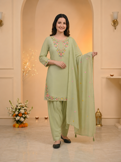 Sage Green Solid Chanderi Silk Straight Kurta Set with Floral Threadwork Embroidery, Salwar & Dupatta