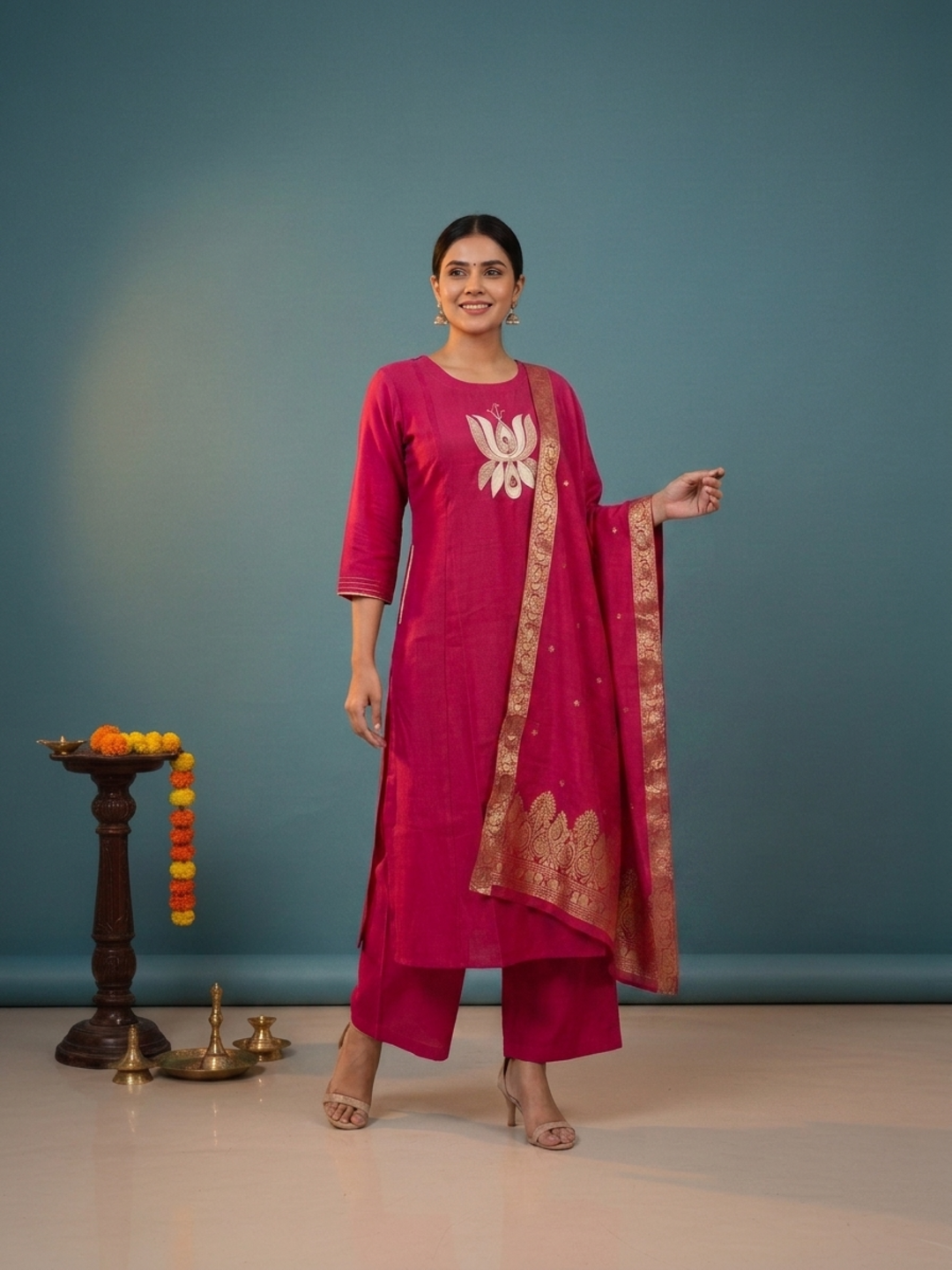 Raani Solid Silk Blend A-Line Kurta Set with Floral Thread Embroidery, Mirror Work, Palazzo & Woven Dupatta