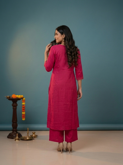 Raani Solid Silk Blend A-Line Kurta Set with Floral Thread Embroidery, Mirror Work, Palazzo & Woven Dupatta
