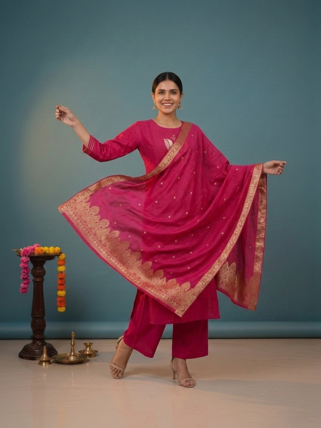 Raani Solid Silk Blend A-Line Kurta Set with Floral Thread Embroidery, Mirror Work, Palazzo & Woven Dupatta
