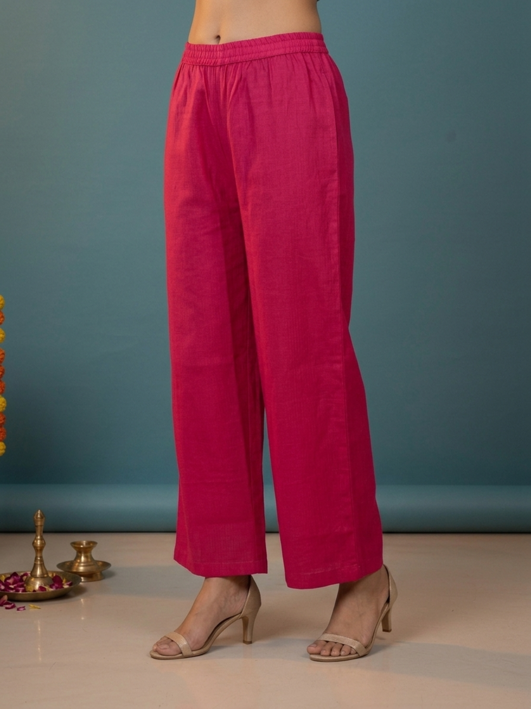 Raani Solid Silk Blend A-Line Kurta Set with Floral Thread Embroidery, Mirror Work, Palazzo & Woven Dupatta