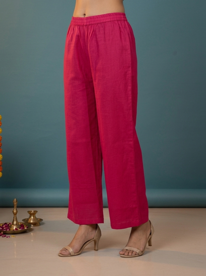 Raani Solid Silk Blend A-Line Kurta Set with Floral Thread Embroidery, Mirror Work, Palazzo & Woven Dupatta