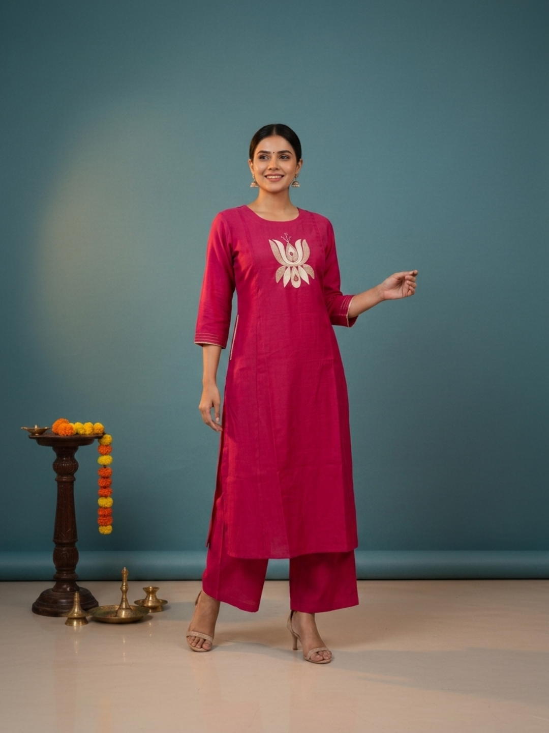 Raani Solid Silk Blend A-Line Kurta Set with Floral Thread Embroidery, Mirror Work, Palazzo & Woven Dupatta