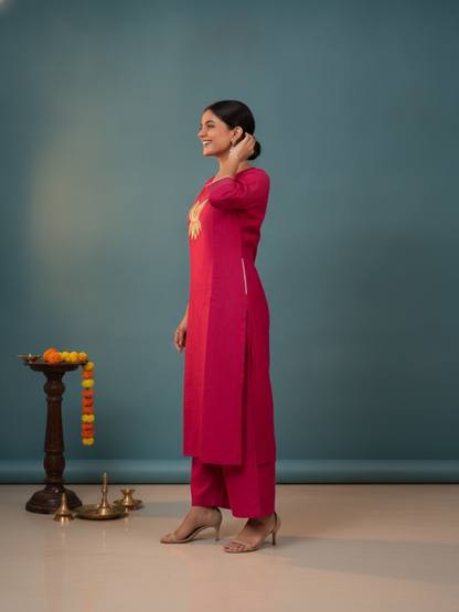 Raani Solid Silk Blend A-Line Kurta Set with Floral Thread Embroidery, Mirror Work, Palazzo & Woven Dupatta
