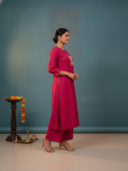 Raani Solid Silk Blend A-Line Kurta Set with Floral Thread Embroidery, Mirror Work, Palazzo & Woven Dupatta