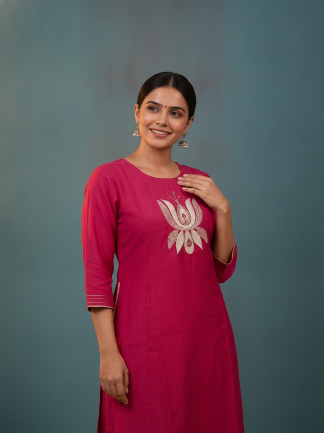 Raani Solid Silk Blend A-Line Kurta Set with Floral Thread Embroidery, Mirror Work, Palazzo & Woven Dupatta