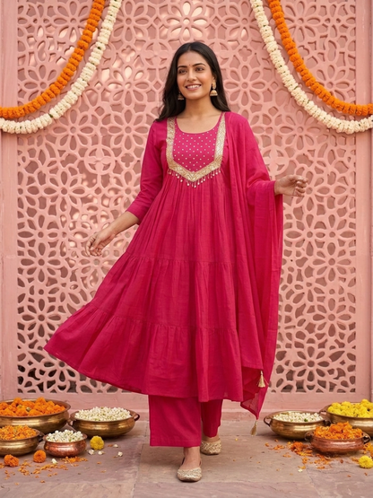 Fuchsia Solid Silk Blend A-Line Pleated Kurta Set with Hand Embroidery, Sequin Work, Pant & Tassel Dupatta