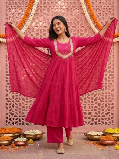 Fuchsia Solid Silk Blend A-Line Pleated Kurta Set with Hand Embroidery, Sequin Work, Pant & Tassel Dupatta