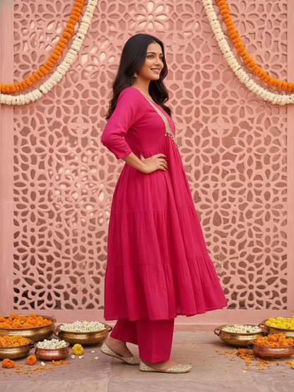 Fuchsia Solid Silk Blend A-Line Pleated Kurta Set with Hand Embroidery, Sequin Work, Pant & Tassel Dupatta