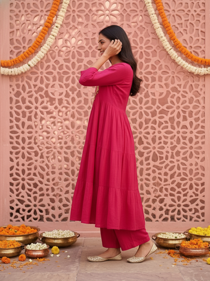 Fuchsia Solid Silk Blend A-Line Pleated Kurta Set with Hand Embroidery, Sequin Work, Pant & Tassel Dupatta