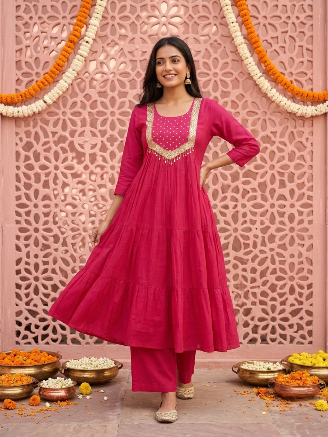 Fuchsia Solid Silk Blend A-Line Pleated Kurta Set with Hand Embroidery, Sequin Work, Pant & Tassel Dupatta