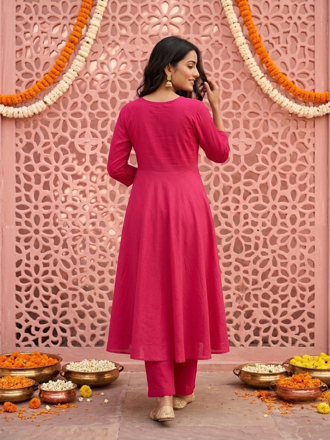 Fuchsia Solid Silk Blend A-Line Pleated Kurta Set with Hand Embroidery, Sequin Work, Pant & Tassel Dupatta