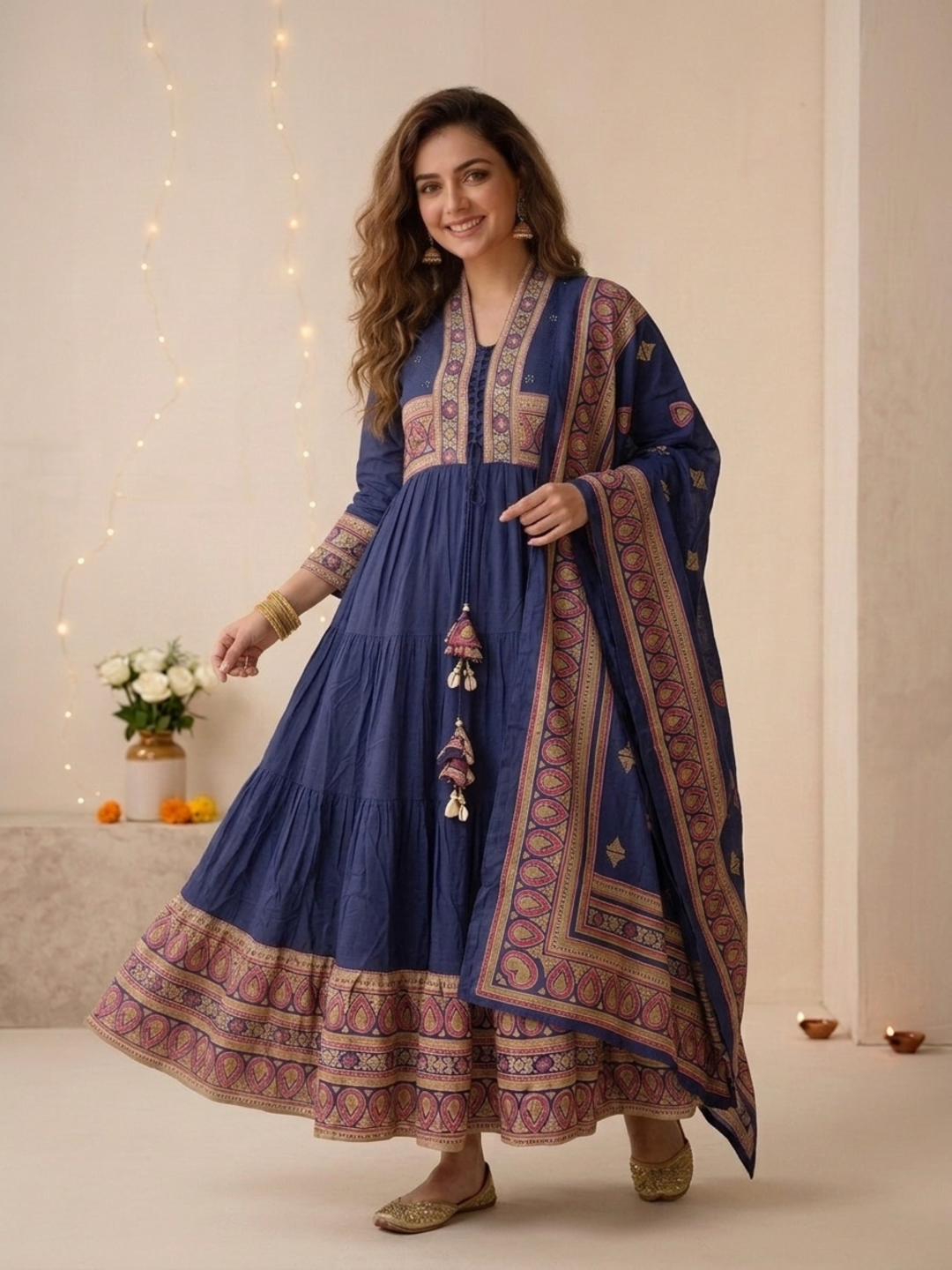 Navy Blue Printed Cotton Blend Anarkali Kurta Set with Traditional Motifs, Tassel Detail & Dupatta
