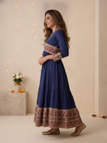 Navy Blue Printed Cotton Blend Anarkali Kurta Set with Traditional Motifs, Tassel Detail & Dupatta