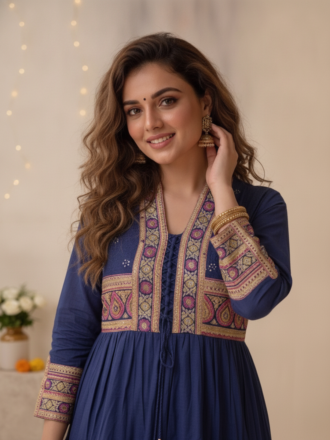 Navy Blue Printed Cotton Blend Anarkali Kurta Set with Traditional Motifs, Tassel Detail & Dupatta