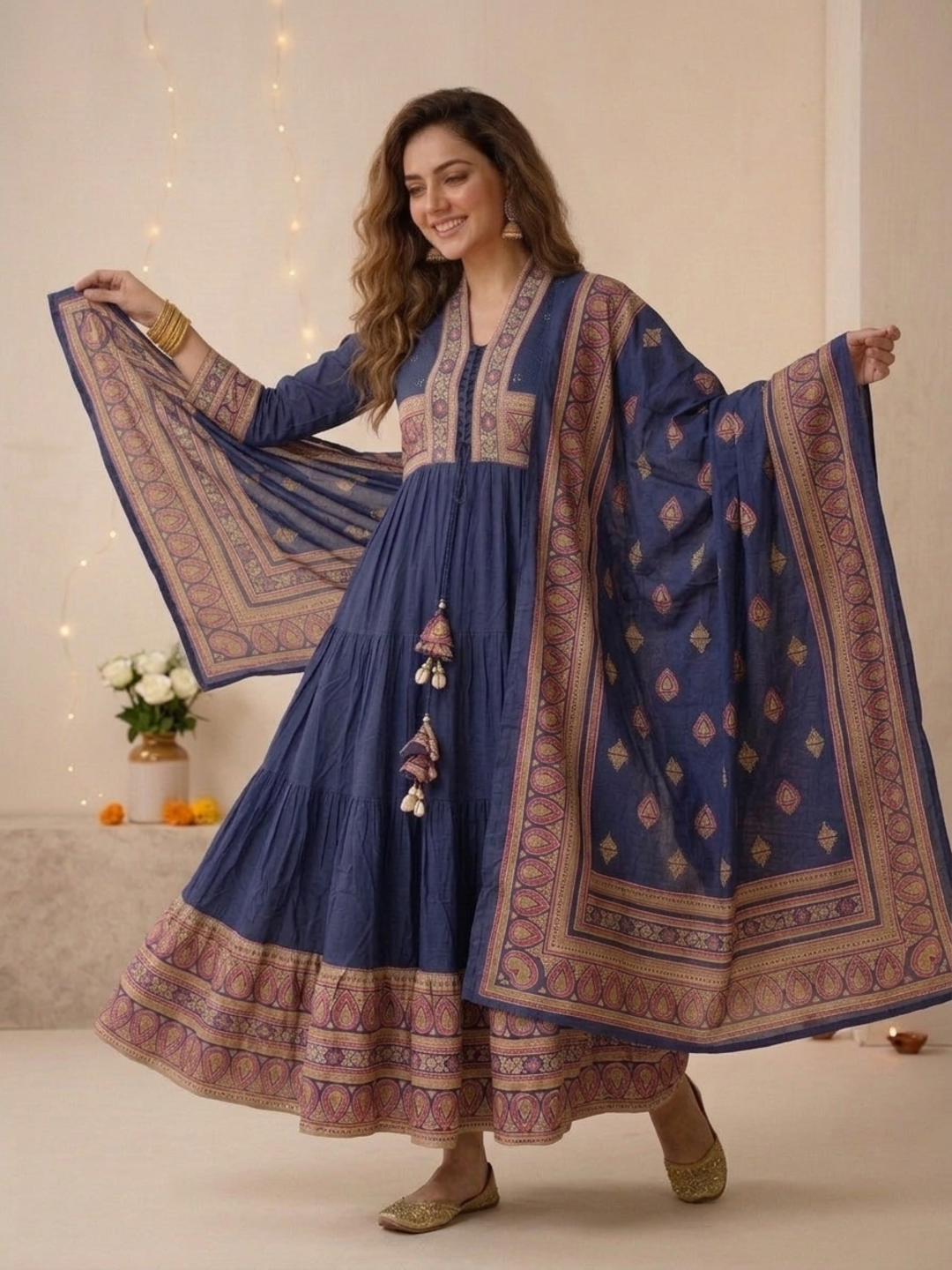 Navy Blue Printed Cotton Blend Anarkali Kurta Set with Traditional Motifs, Tassel Detail & Dupatta