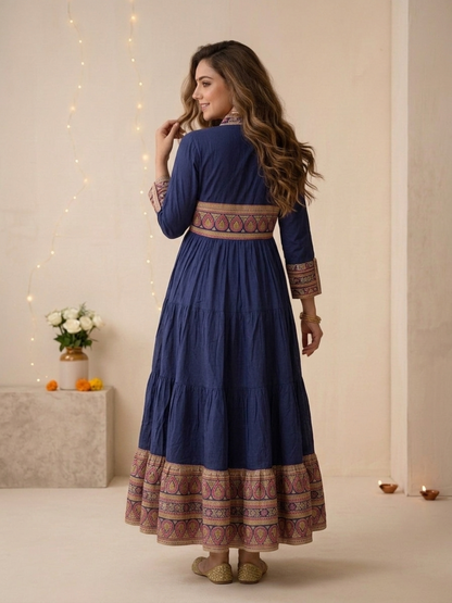Navy Blue Printed Cotton Blend Anarkali Kurta Set with Traditional Motifs, Tassel Detail & Dupatta