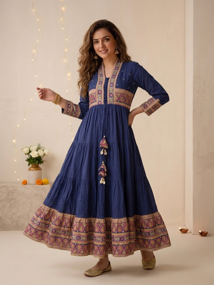 Navy Blue Printed Cotton Blend Anarkali Kurta Set with Traditional Motifs, Tassel Detail & Dupatta