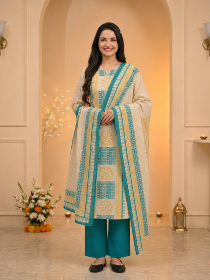 Blue Ethnic Floral Print Cotton A-Line Kurta Set with Mirror Work, Cutdana Embroidery, Palazzo & Printed Dupatta