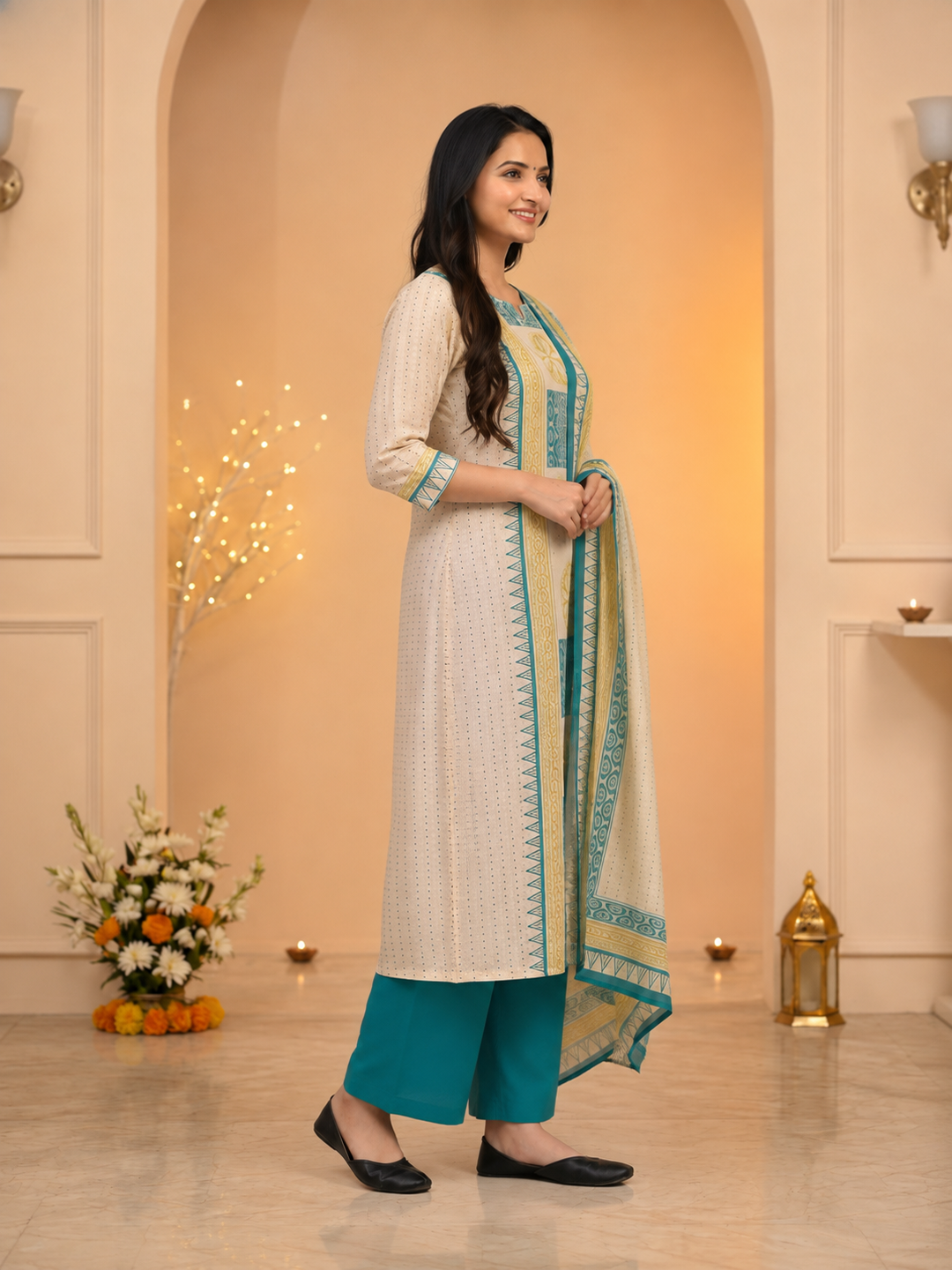 Blue Ethnic Floral Print Cotton A-Line Kurta Set with Mirror Work, Cutdana Embroidery, Palazzo & Printed Dupatta