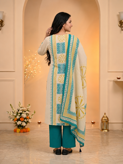 Blue Ethnic Floral Print Cotton A-Line Kurta Set with Mirror Work, Cutdana Embroidery, Palazzo & Printed Dupatta