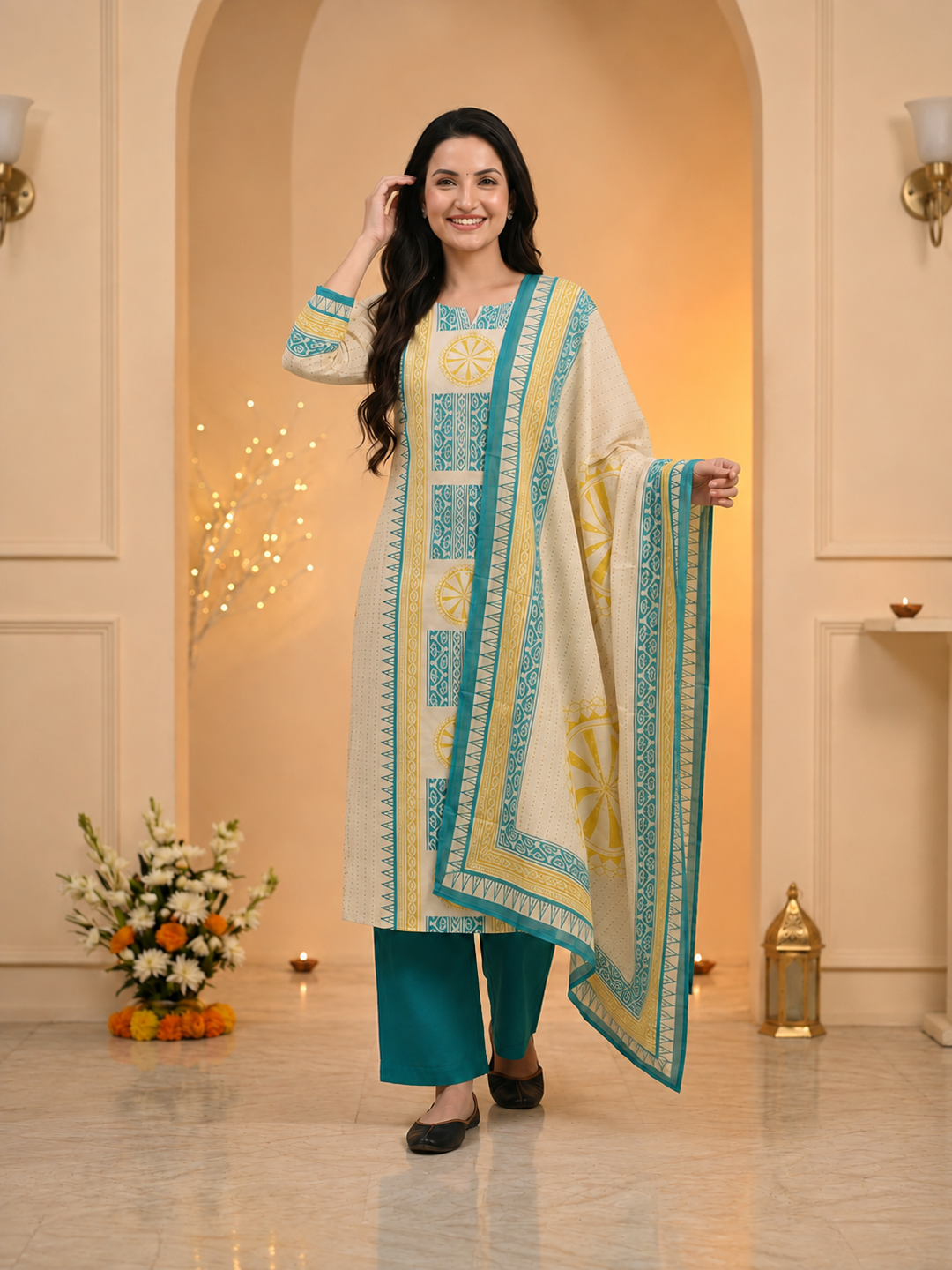Blue Ethnic Floral Print Cotton A-Line Kurta Set with Mirror Work, Cutdana Embroidery, Palazzo & Printed Dupatta