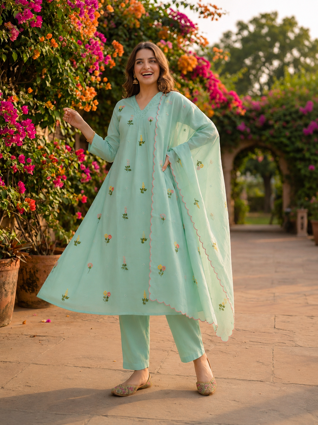 Ice Blue Solid Chanderi Silk A-Line Kurta Set with Floral Thread Embroidery, Beadwork, Pant & Scalloped Dupatta