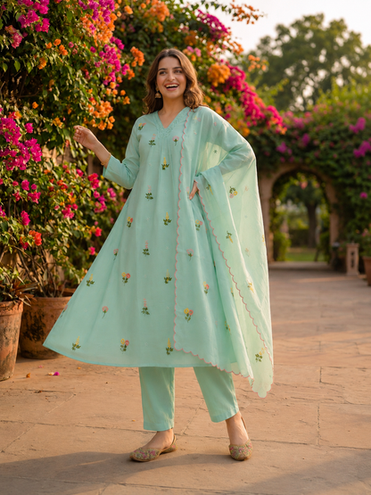 Ice Blue Solid Chanderi Silk A-Line Kurta Set with Floral Thread Embroidery, Beadwork, Pant & Scalloped Dupatta